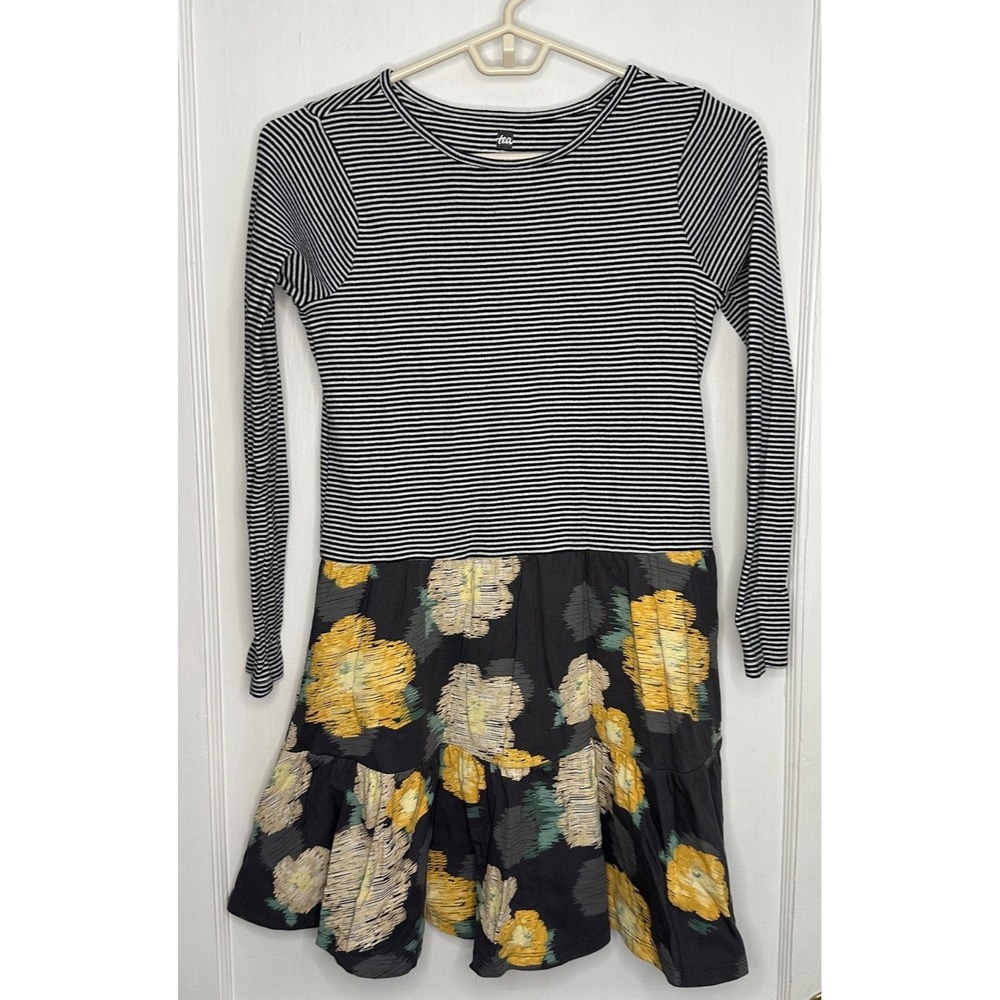 Tea Collection Size 12 Navy Striped Gray & Yellow Floral Mixed Print LS Dress